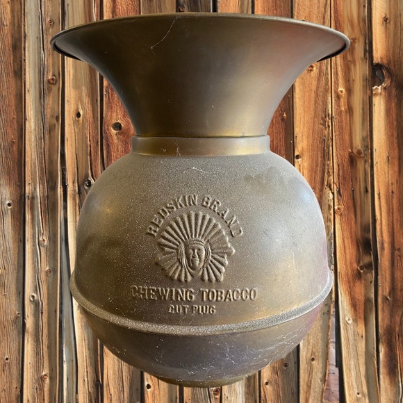 Vintage Redskin Brand Tobacco Brass Spittoon